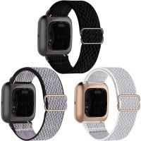 GBPOOT 3 Pack Elastic Watch Bands Compatible with Fitbit Versa/Versa 2/Versa Lite/Versa SE,Adjustable Nylon Stretchy Sport Wristband for Versa Smart Watch Women Men,Black/Royal Pulse/Seashell